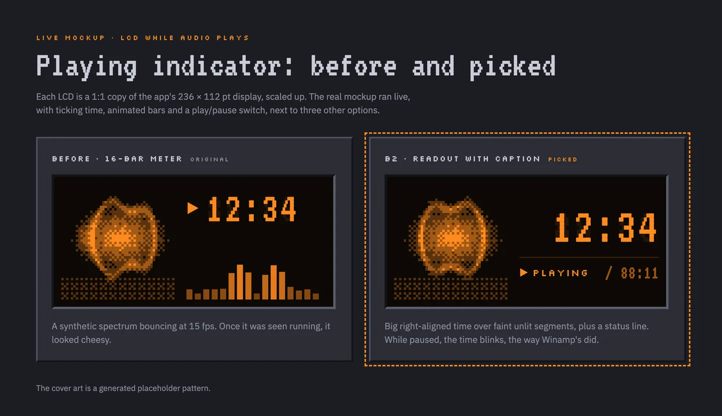 Two versions of Cloudamp's orange display from the live mockup: the original with a bouncing 16-bar level meter, and the picked version with a large time readout and a Playing status line