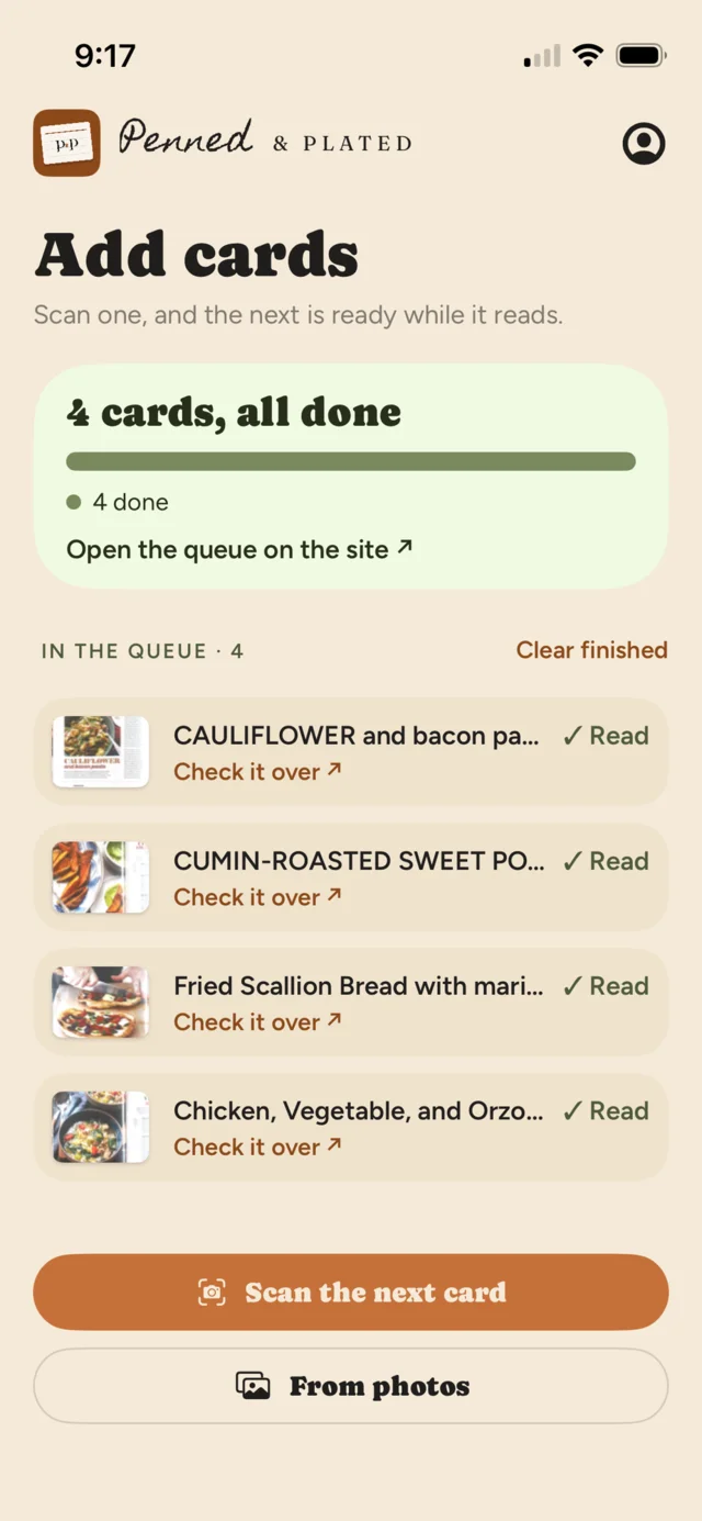 The iPhone app's Add cards screen, with four scanned recipe cards read and ready to check