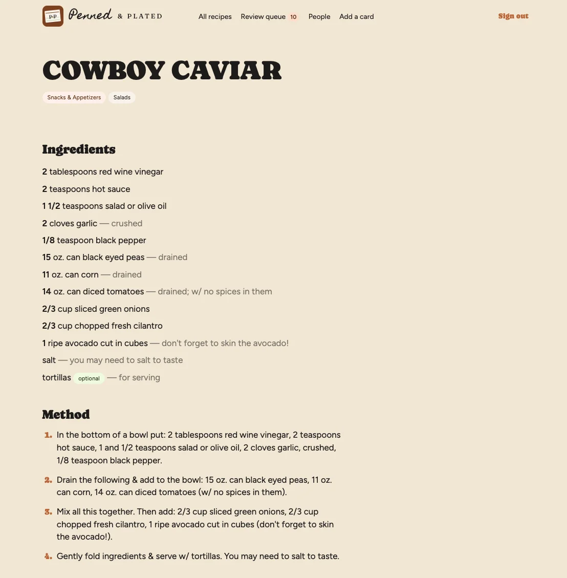 The same Cowboy Caviar recipe in the Penned & Plated web app, with ingredients listed by quantity and the method in numbered steps